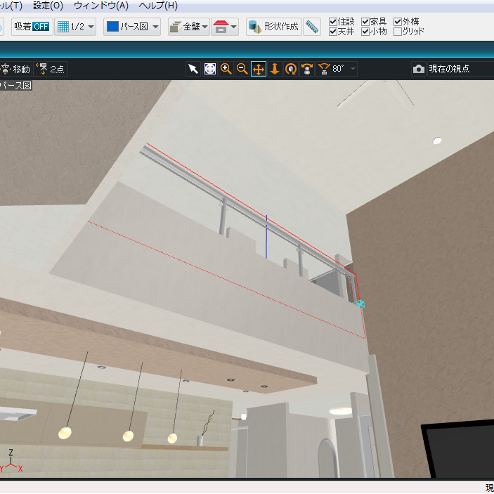 ３Dマイホームデザイナーで一階から吹き抜け部分を見渡す